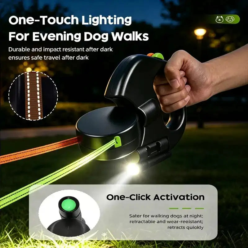 Dual Retractable Dog Leash with LED Light & 360° No-Tangle Swivel